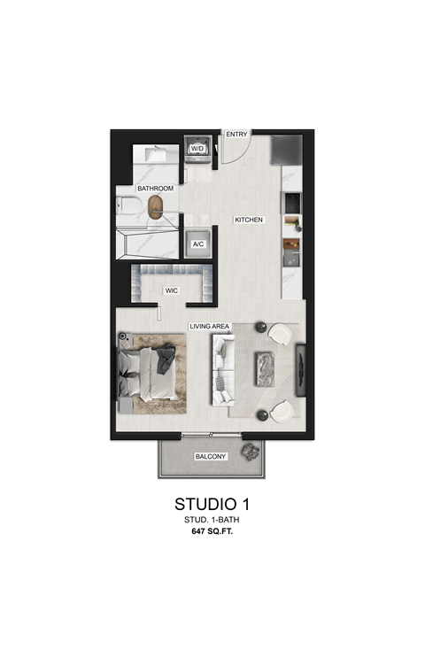 Floor plan for studio, 1 bath, 647 sqft